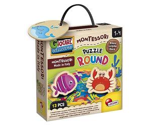 Lisciani - Montessori Legno - Puzzle Rond Bois Animaux Marins - Dès 2 Ans | 6 Animaux en Bois Haute Qualité - Jeu Éducatif Tactile - Encastrements Guidés par la Forme - Sens du Toucher et Dextérité