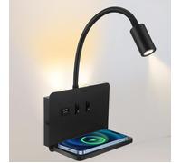 Liseuse de Chevet Murale avec port de charge USB et Base de Chargeur sans Fil, 9W+3W Applique Tete de Lit avec Interrupteur