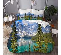 LISNIANY Parure de lit Adulte,Paysage, Moraine Lake, Montagnes Rocheuses du Canada, forêt d'été, Grands Arbres Frais Image，Housse de Couette 200x200cm + 2 Taies d'Oreillers 50x75cm