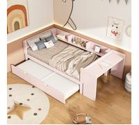 Lit 1 Personne 90 x 200 cm avec Lit Gigogne, Lit Enfant, Structure de Lit avec Bureau, Trois Étagères Sur le Côté du Lit, Rose
