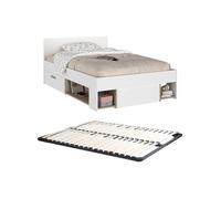 Vente-unique - Lit 120 x 190/200 cm avec rangements - Blanc et Naturel + Sommier - KINSELIA - pour Enfant