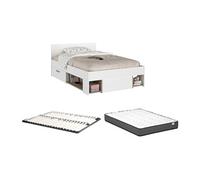 Lit 120 x 190/200 cm avec rangements - Blanc et naturel + Sommier + Matelas - KINSELIA