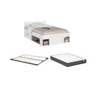 Lit 120 x 190/200 cm avec rangements - Blanc et naturel + Sommier + Matelas - KINSELIA