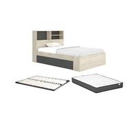 Lit 120 x 190 cm avec rangements - Coloris : Naturel et anthracite + Sommier + Matelas - VARDIEL