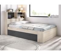 Lit 120 x 190 cm avec rangements - Coloris : Naturel et anthracite - VARDIEL