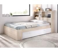 Lit 120 x 190 cm avec rangements - Coloris : Naturel et blanc + Sommier + Matelas - VARDIEL