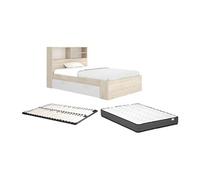 Lit 120 x 190 cm avec rangements - Coloris : Naturel et blanc + Sommier + Matelas - VARDIEL