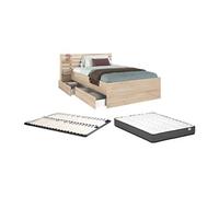 Lit 120 x 190 cm avec rangements - Coloris : Naturel + Sommier + Matelas - TENALIA