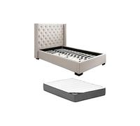 Lit 120 x 200 cm avec tête de lit capitonnée - Tissu - Beige + Matelas - MASSIMO