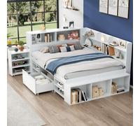 Lit, 140*200 cm, lit simple, lit multifonctionnel avec tiroirs, bibliothèque et armoire de rangement, grand espace de rangement, sommier à lattes, sans matelas, blanc Vert armée