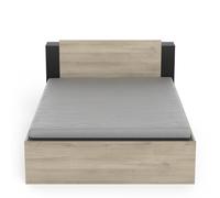 Lit 140 x 190/200 avec Rangement Industriel 2 Tiroirs 2 Niches - Coloris Noir Mat & Chêne Clair - 144,7 x 227 x 87,7 cm