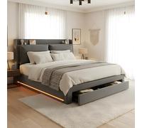 Lit 140 x 190 avec bandes lumineuses LED encastrées des deux côtés du, Lit Double Coffre 140 x 190 avectiroirs de rangement 2 en 1 en bout de, Cadre de Rembourré en Velours Gris Foncé(sans Matelas)