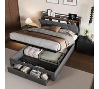 Lit 140 X 190 Avec Sommier Et Tete De Lit Rangement Coffre, Lits Hydraulique Avec 2 Tiroirs, Lits Double Rembourré Avec éclairage LED Et USB, Cadre De L_it Capitonné Avec Lattes, Lin, Sans Matela