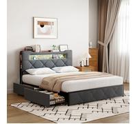 Lit 140 x 190 avec sommier,lit 2 Personnes avec tiroirs,LED,multiprise,cadre de lit 140 x 190 avec sommier en métal,gris velours