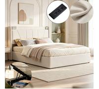 Lit 140 x 190 avec sommier lit coffre 140x190 lit d'appoint 1 personne avec USB coffre de lit tissu en lin beige
