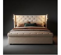Lit 140 x 190 avec sommier lit coffre 140x190 lit d'appoint 1 personne avec USB Lampe de lecture tissu en lin beige