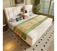 Lit 140 x 190 avec Sommier USB C et Porte-Gobelet Caché, Lit Coffre 140x190 avec Rangement et Tete de Réglable, Double Hydraulique avec à Lattes 2 Personnes, Rembourré Cadre de Lin(Sans Matelas)
