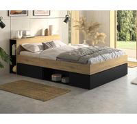 Lit 140 x 190 cm - 3 tiroirs et 6 niches - Naturel et noir + Sommier + Matelas - CIKETO