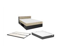 Lit 140 x 190 cm - 3 tiroirs et 6 niches - Naturel et noir + Sommier + Matelas - CIKETO