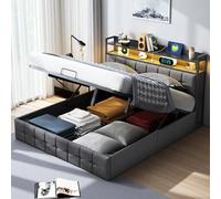 Lit 140 x 190 cm, à sommier tapissier, pour adolescent, avec LED et USB, rembourré, avec espace de rangement, tête de lit, coffre de rangement, hydraulique, cadre de lit avec sommier à lattes et