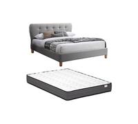 Vente-unique - Lit 140 x 190 cm avec tête de lit capitonnée - Tissu - Gris + Matelas - Elide