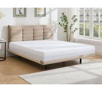 Lit 140 x 190 cm avec tête de lit capitonnée - Velours - Beige - NISATIO