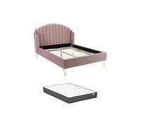 Lit 140 x 190 cm avec tête de lit ondulée - Velours - Vieux rose + Matelas - SAGALI