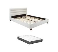 Lit 140 x 190 cm - Simili - Blanc + Matelas - FAUSTIN