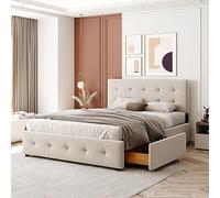 Lit 140 x 200 cm Double avec tiroirs, sommier et Dossier, lit Double en Velours pour Adultes et Adolescents Style Classique, avec 4 tiroirs de Rangement cachés, (Matelas Non Inclus Beige
