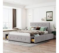 Lit 140 x 200 cm Double avec tiroirs, sommier et Dossier, lit Double en Velours pour Adultes et Adolescents Style Classique, avec 4 tiroirs de Rangement cachés, (Matelas Non Inclus) Gray