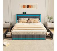 Lit 140 x 200cm avec Sommier LED et USB, Lit 2 Personnes avec 4 Grands Tiroirs Lit Double rembourré pour Adultes et Adolescents,Velours(Sans Matelas) (Gris A, 140 x 200 cm)