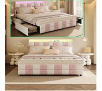 Lit 140x190 avec Sommier, 4 Tiroirs, LED, USB/Type-C - Lit Adulte 2 Personnes Rembourré - Tête de Lit Rangement - Velours - Blanc