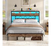 Lit 140x190 avec Sommier et Rangement, Cadre de Lit 140x190 en Métal avec Éclairage LED Réglable et Multiprise, Tête de Lits avec 2 Étagère de Rangement, Lits Double Style Industriel Marron Rustique