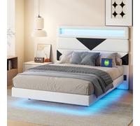Lit 140x190 avec Sommier, Lit Double Capitonné avec Éclairage LED et Multiprise, Tête de Lits Ajustable, Cadre de lit Flottant, Velours, sans Matelas (Blanc + Noir A, 140 x 190 cm)