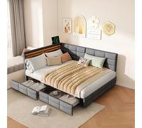 Lit 140x190 avec tiroirs et Espace de Rangement, Lit rembourré en L avecLampe LED et USB, canapé-lit Moderne avec sommier à Lattes, sans Matelas (Gris F, 140 * 190)