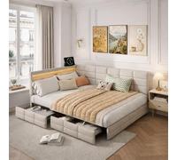 Lit 140x190 avec tiroirs et Espace de Rangement, Lit rembourré en L avecLampe LED et USB, canapé-lit Moderne avec sommier à Lattes, sans Matelas (Beige I, 140 * 190)