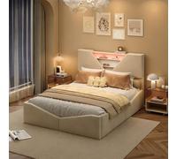 Lit 140x190 Blanc cassé,lit Coffre avec sommier,Moderne de têtes de lit avec éclairage LED,Lits Double avec Rangement,Velours