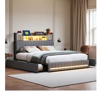 Lit 140x190 cm, 7HGY, port USB, LED réglable, moderne, lit adulte, cadre de lit double 140x190 cm, Lin, gris