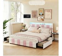 Lit 140x190 CM avec 4 Tiroirs - avec LED et USB Tpye C - Lit Coffre avec Rangement - Lit 2 Personnes avec sommier - Métal - Velours