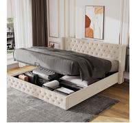 Lit 140x190 cm avec décor de rivets, lit coffre 140x190 cm avec sommier à lattes, style Chesterfield, tissu en velours, beige