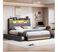 Lit 140x190 cm avec LED et sommier à lattes, lit double avec，lit tiroirs 140x190 cm, tissu de lin, gris