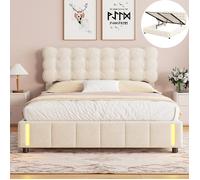 Lit 140x190 cm avec lumières LED et rangement, Lit coffre 140x190 cm avec tête de lit rembourrée, sommier à lattes, Velours, Beige