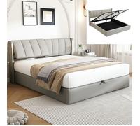 Lit 140x190 cm avec tête de lit réglable de 0 à 30 °, lit coffre 140x190cm avec sommier, éclairage LED et port USB, galet PU, Gris