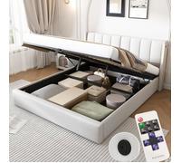 Lit 140x190 cm avec tête de lit réglable, lit coffre 140x190 cm avec sommier à lattes, éclairage LED et port USB, galet PU, Blanc