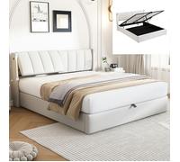 Lit 140x190 cm avec tête de lit réglable, lit coffre 140x190 cm avec sommier à lattes, éclairage LED et port USB, galet PU, Blanc