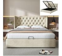 Lit 140x190 cm - LANGTU - Lit en forme d'oreille - Coffre de rangement - Velours beige - Sommier à lattes