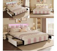 Lit 140x190CM avec 4 tiroirs et LED - 2 Ports USB - Type-C,avec tête de lit et sommier à Lattes, Cadre de lit pour Adulte,Velours