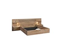 Lit 140x190cm avec tête de lit chevets suspendus et éclairage intégré aspect bois et noir - NIKITA