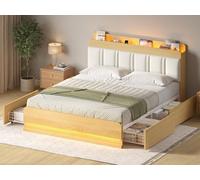 Lit 140x200 avec 2 Rubans LED et Multiprise, Lit Double avec Étagère Ouverte, 4 Tiroirs sous Sommier, Lit Tiroir 140x200 avec Sommier en Métal et Tête de Lit Capitonnée, Blanc + Marron Naturel