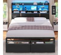 Lit 140x200 avec Multiprise et Éclairage LED, Cadre de Lit avec Sommier à Lattes Métal avec 6 Compartiments Ouverts, 2 Grands Tiroirs et Rangement sous Lits, Tête de Lits Capitonnée en PU Noir